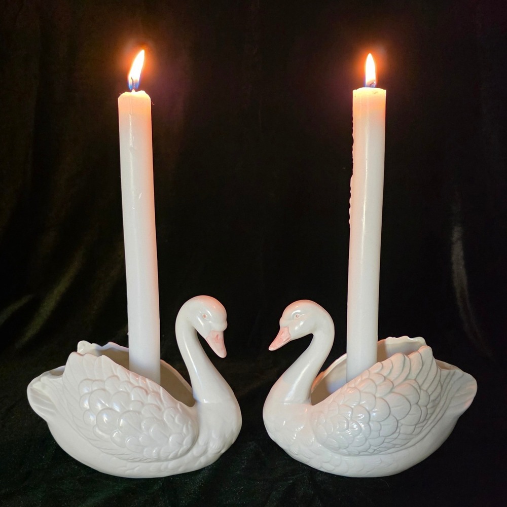 VTG FItz & Floyd Ceramic White Swan Taper Candle Holders Pair of 2 Romantic